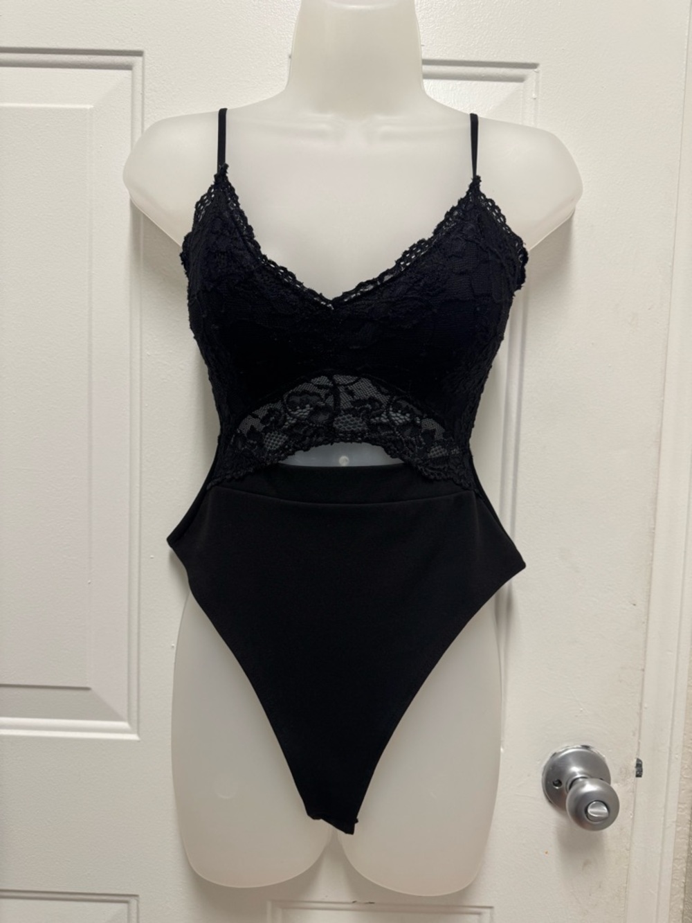 Black Lace Cutout Bodysuit - Women